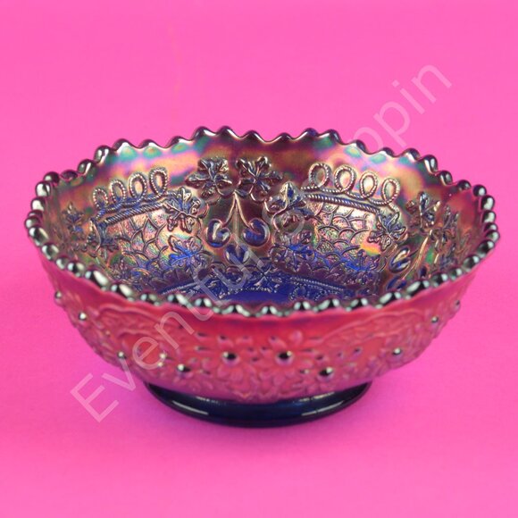 Fenton Carnival Glass Cherry Chain Blue 5" Bowl - Picture 4 of 4